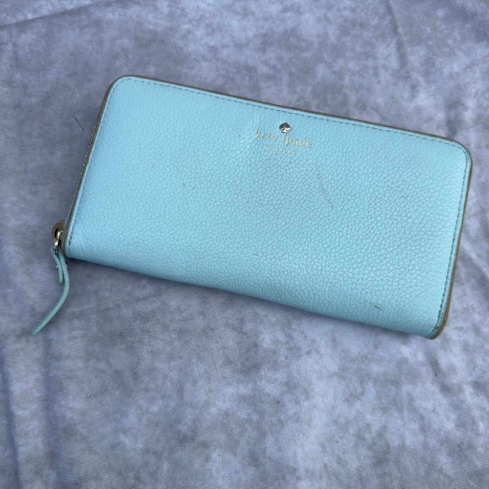 Kate Spade New York Zip Around Continental Wallet Blue Pebbled Leather Gold Logo